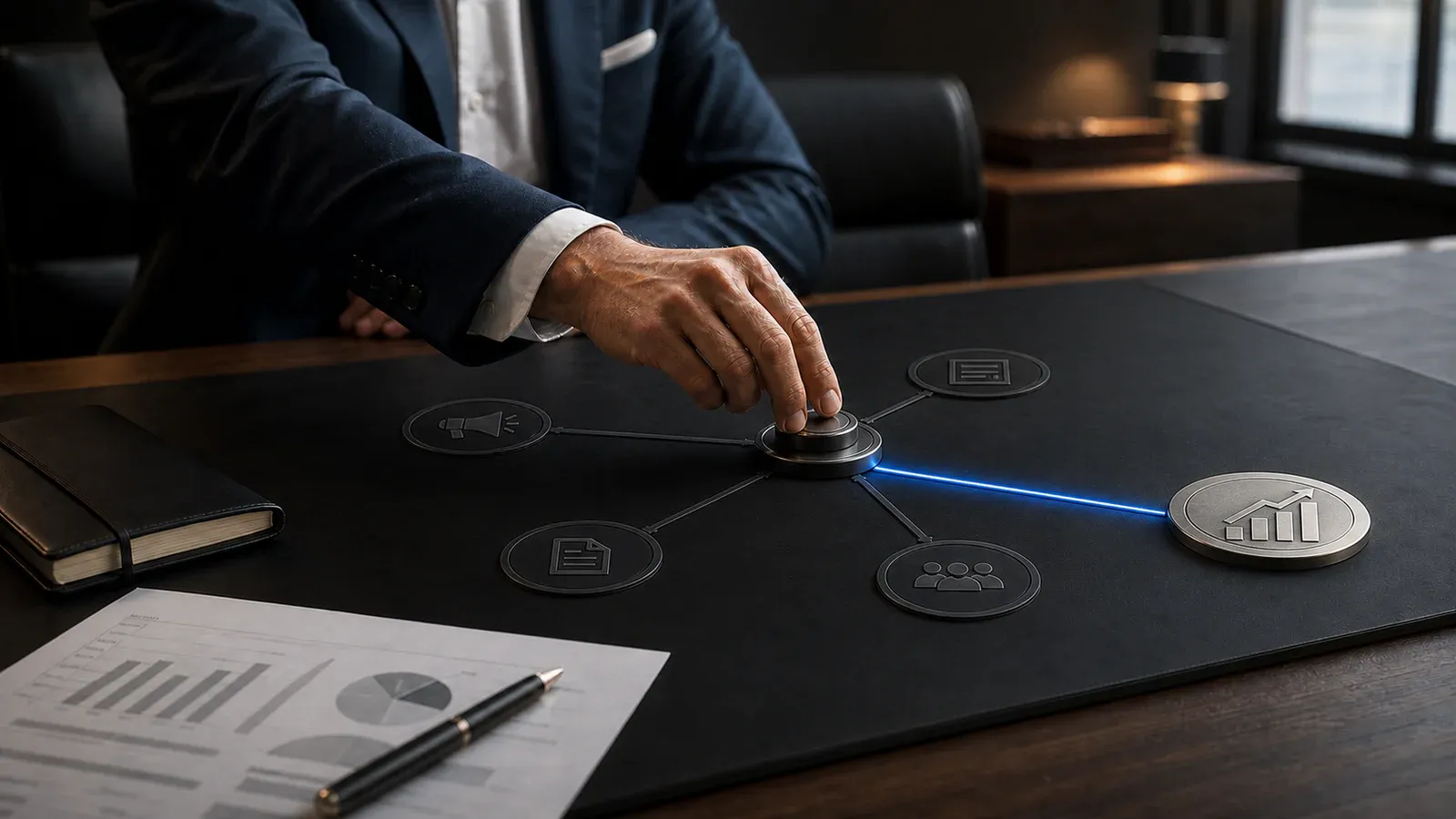 Vezetői kéz kijelöli az üzleti eredményhez vezető utat egy stratégiai marketingtérképen